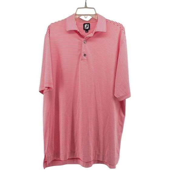 FJ FootJoy Men’s Pink White Striped Golf Polo Shirt Size Large Short Sleeve - Picture 1 of 10